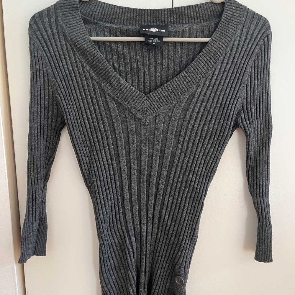 “It’s Our Time” Dark Grey V-Neck Rib Knit Sweater (Medium) w/ Buttons